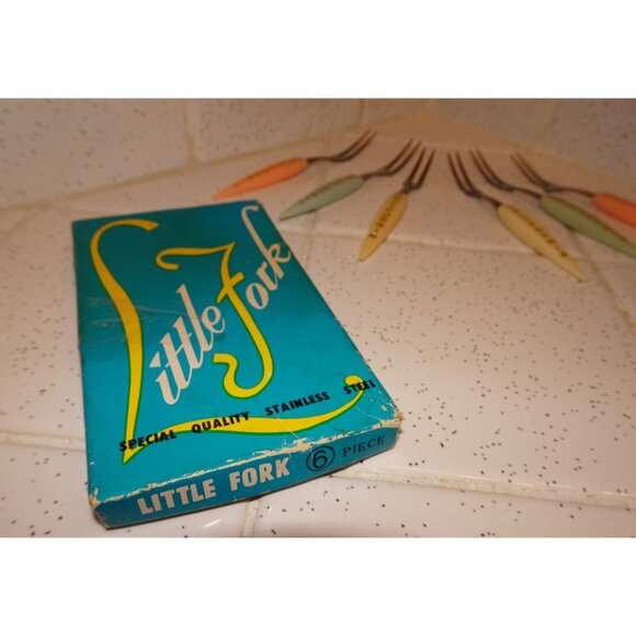 Vintage Little Fork 6 California Cocktail Appetizer Party Forks original box 50s - Picture 3 of 8
